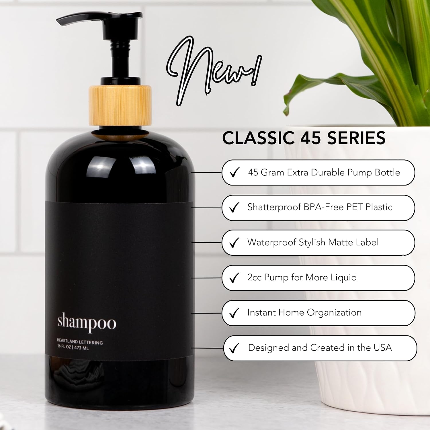 Heartland Lettering's Stylish Glossy Black Shampoo Dispensers with Matte Black Labels, Set of 3 Modern Shatterproof Plastic Bottles with Bamboo Pumps Instantly add Organization to Your Bathroom