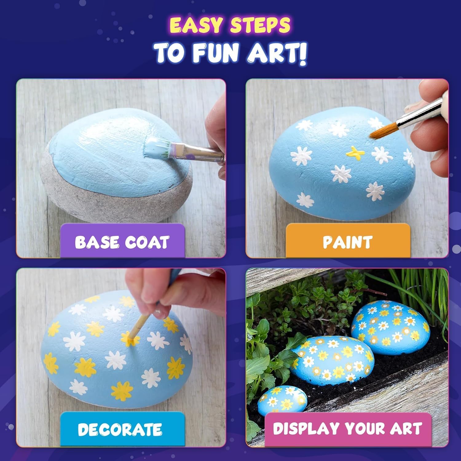 Rock Painting Kit - Glow in The Dark, 60+ Pcs Arts and Crafts Rock Painting kit for Kids 6-12, Art Supplies with Glow, Standard Paints and Metallic Paints, Outdoor Toys for Boys & Girls Birthday