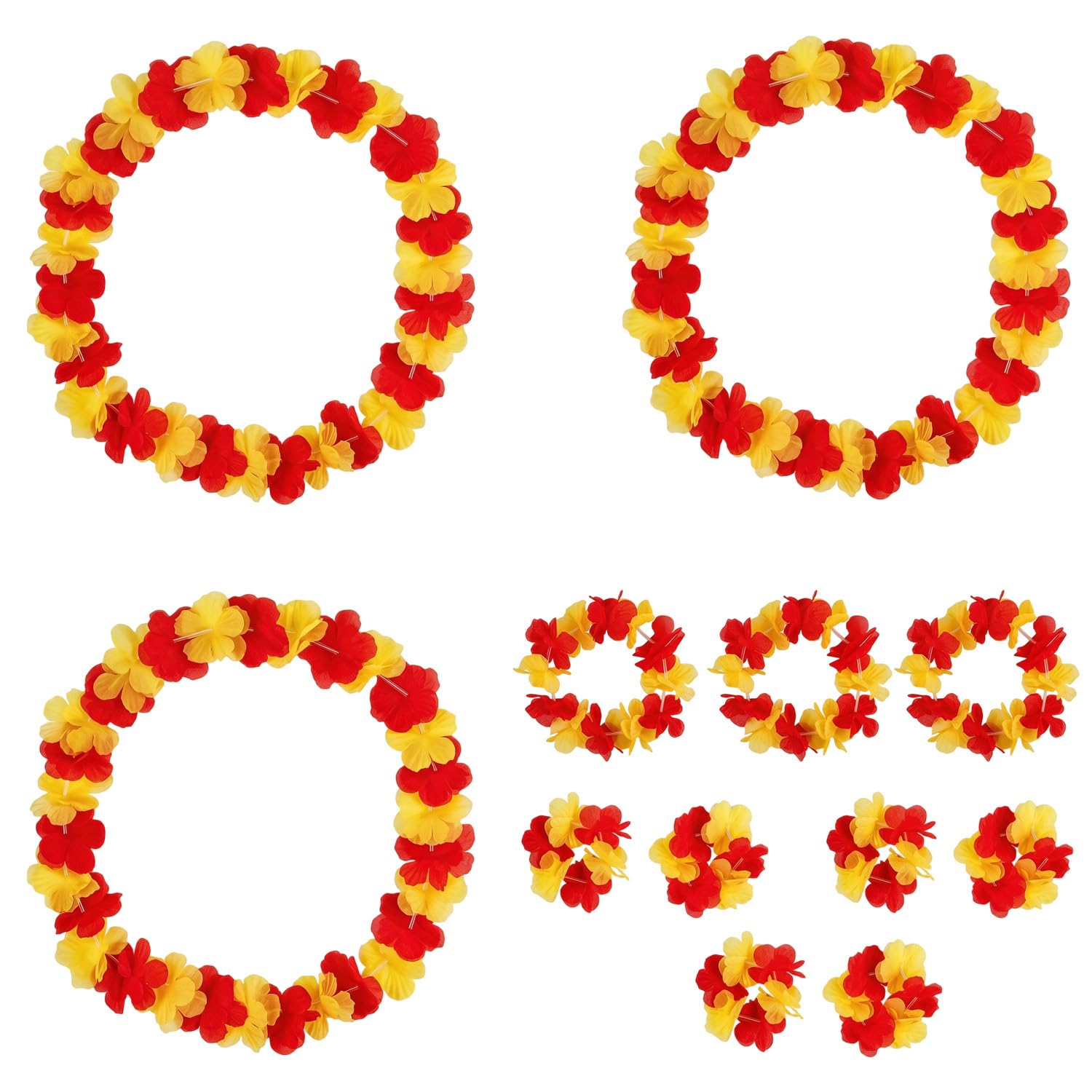 Lot de 3 Kits Supporter Football 12 Pièces, collier hawaien fleurs jaune et rouge, accessoire de fête pour fans de football, 3 colliers, 3 serre-têtes et 6 bracelets