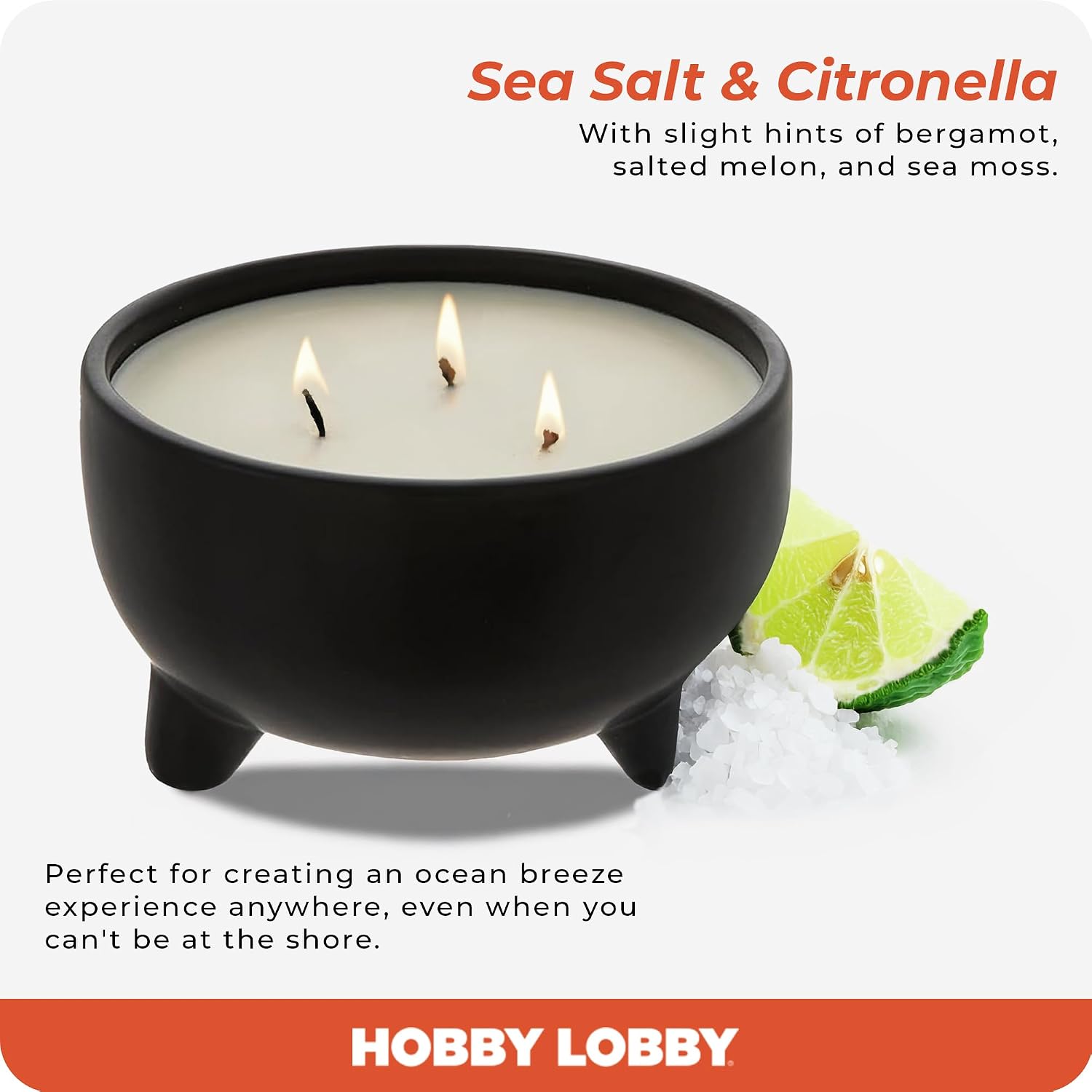 40 Oz Sea Salt & Citronella Candle for Coastal Scented Relaxation - Small Ceramic Ocean Candle Jar with Legs - Bergamot & Sea Moss - Long Burning 3 Wick Candle - Home Decor Gifts for Beach Lovers