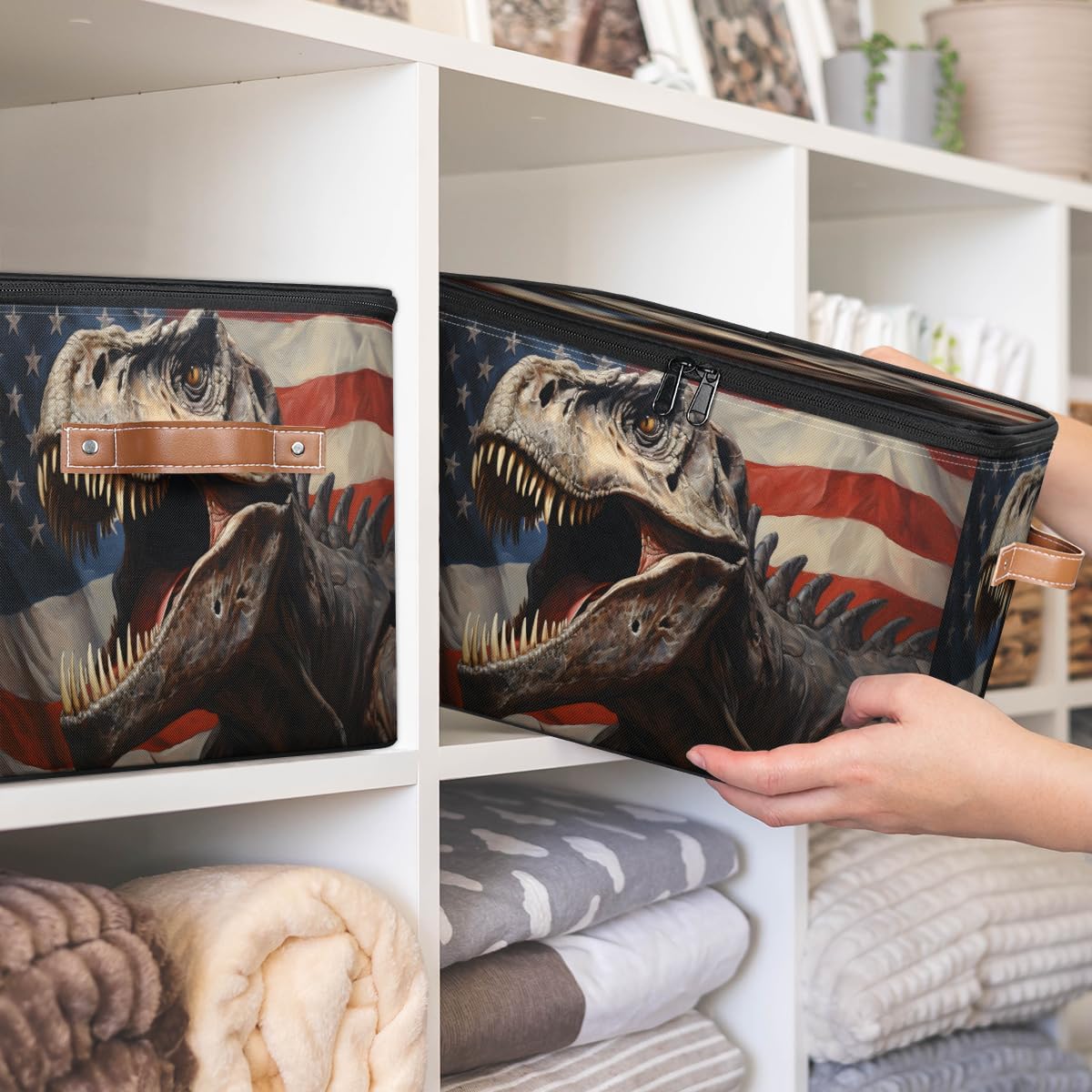 Storage Bin Set of 2 Flag Dinosaur Storage Basket with Zipper Lid & Handle Foldable Closet Shelf 2 Pack Cloth Organizer Basket Cube Bins Clothes Organizer for Bedroom, Nursery