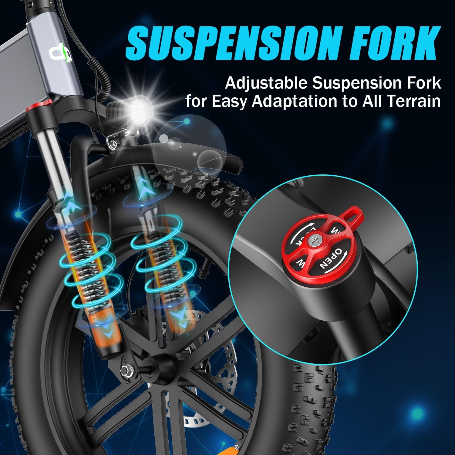 Close-up of the front suspension fork and fat tire of the DEEPOWER S20 Electric Bike