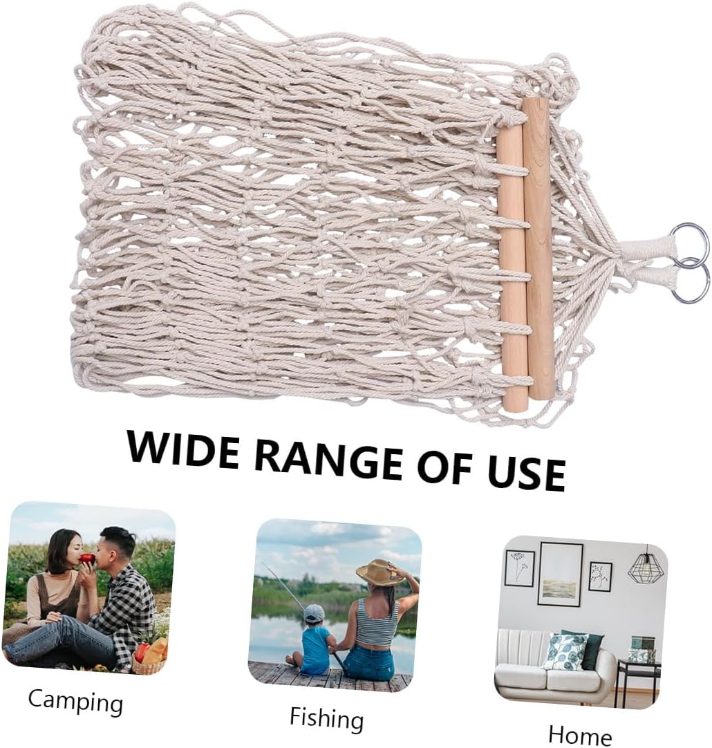 VICASKY Cotton Rope Mesh Hammock Swing with Wood Stick, Outdoor Hanging Bed for Camping and Patio, Thickened Sturdy Cotton Hammock with Carry Bag and Hanging Ropes