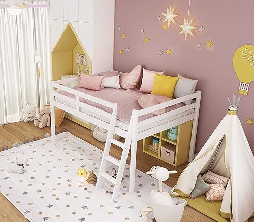 Miniatura 5 de Vingli - Cama junior tipo loft baja con escalera, cama tipo loft de madera blanca de tamaño completo para adultos, niños y adolescentes jóvenes, no