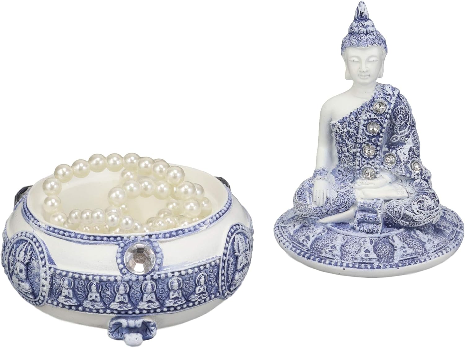 Ebros Gift Bhumisparsha Mudra Buddha Amitabha Meditating Terracotta Blue And White Round Jewelry Box Figurine 5.25"Diameter Buddhist Eastern Enlightenment Trinket Box Accessory Feng Shui Decor