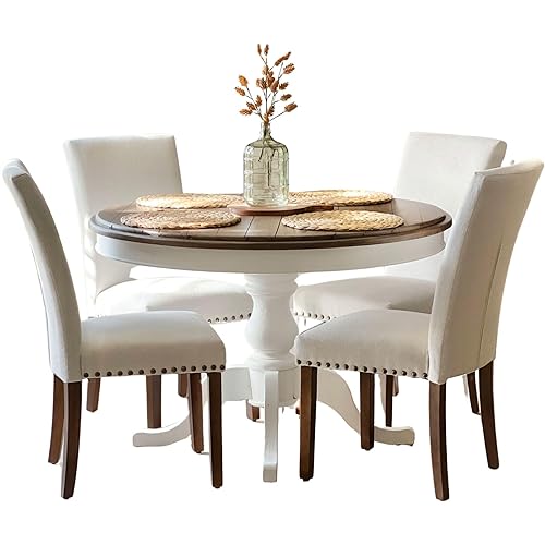 COLAMY Upholstered Parsons Dining Chairs Set of 4, Fabric Dining Room Kitchen Side Chair with Nailhead Trim and Wood Legs - Beige,No Table