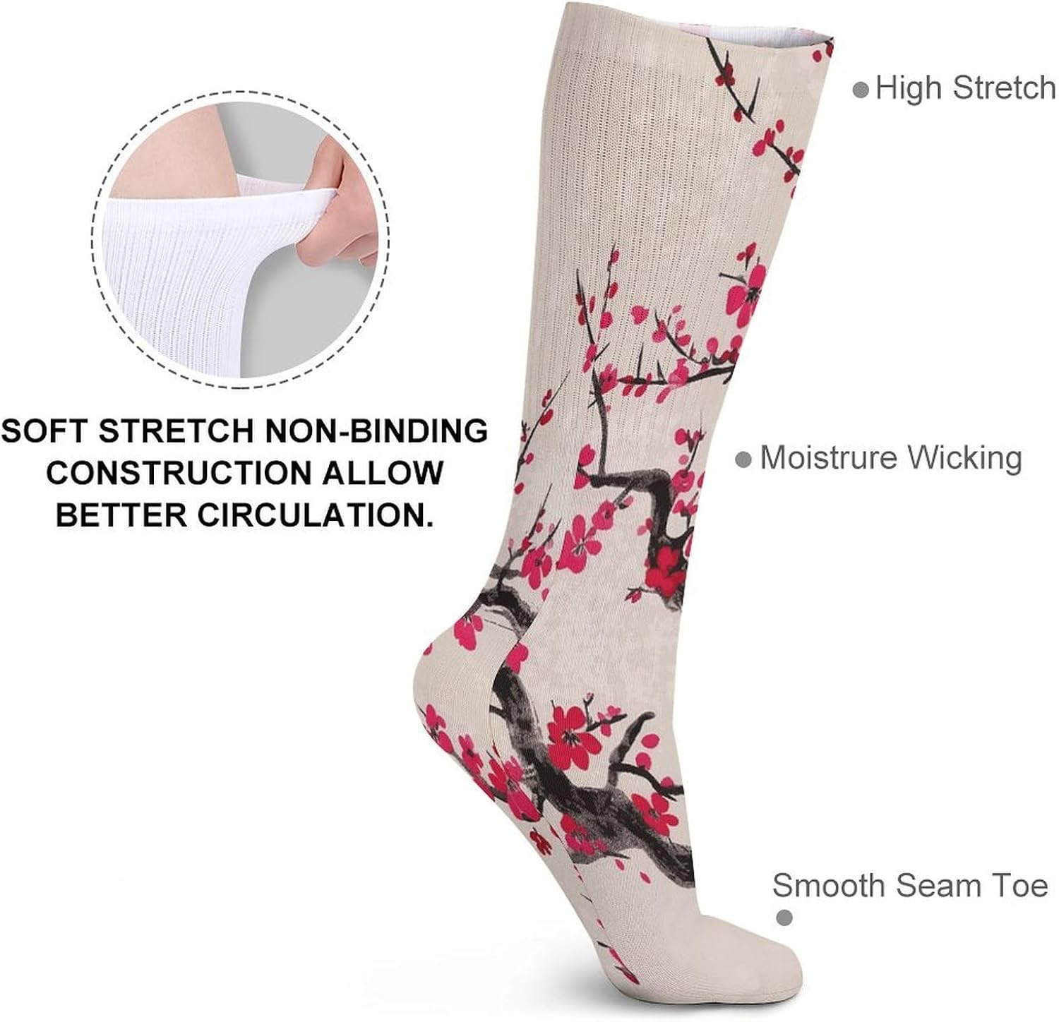 Japanese Floral Cherry Crew Socks Casual Breathable Calf Socks | Cushion Running Athletic Socks Long Performance Breathable Sports Socks for Women Men