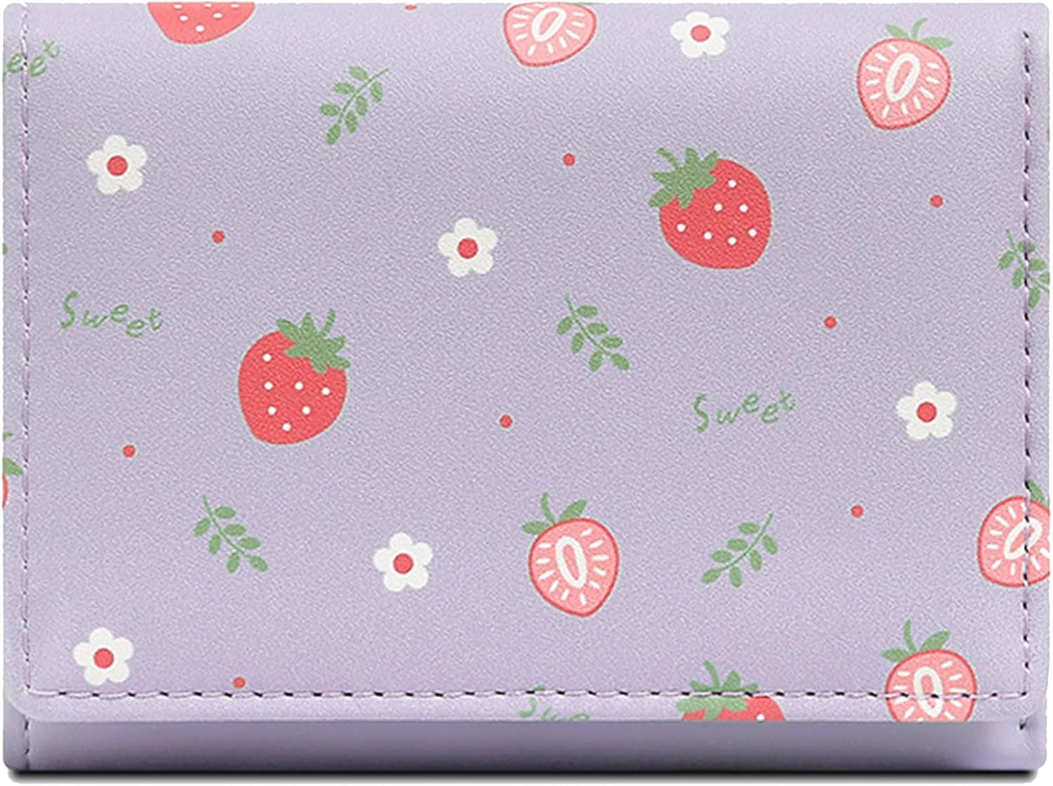Farcauo Cute Purple Wallet for Women and Ladies Small Kawaii Minimalist Strawberries Design Leather Coin Purse with Credit Card Holder and ID Window Travel Cash Wallet for Ladies