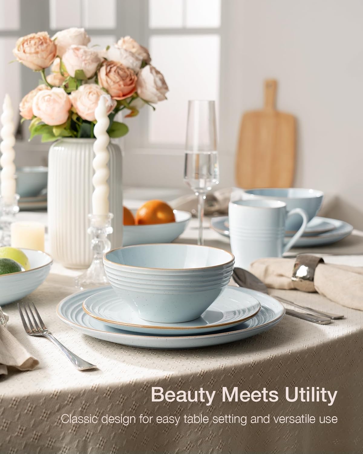 Famiware Jupiter Dinnerware Set, Plates and Bowls Dish Sets for 4 (12 Pieces), Microwave and Dishwasher Safe Stoneware Speckled Tableware, Chip and Scratch Resistant, Light Blue - Image 2