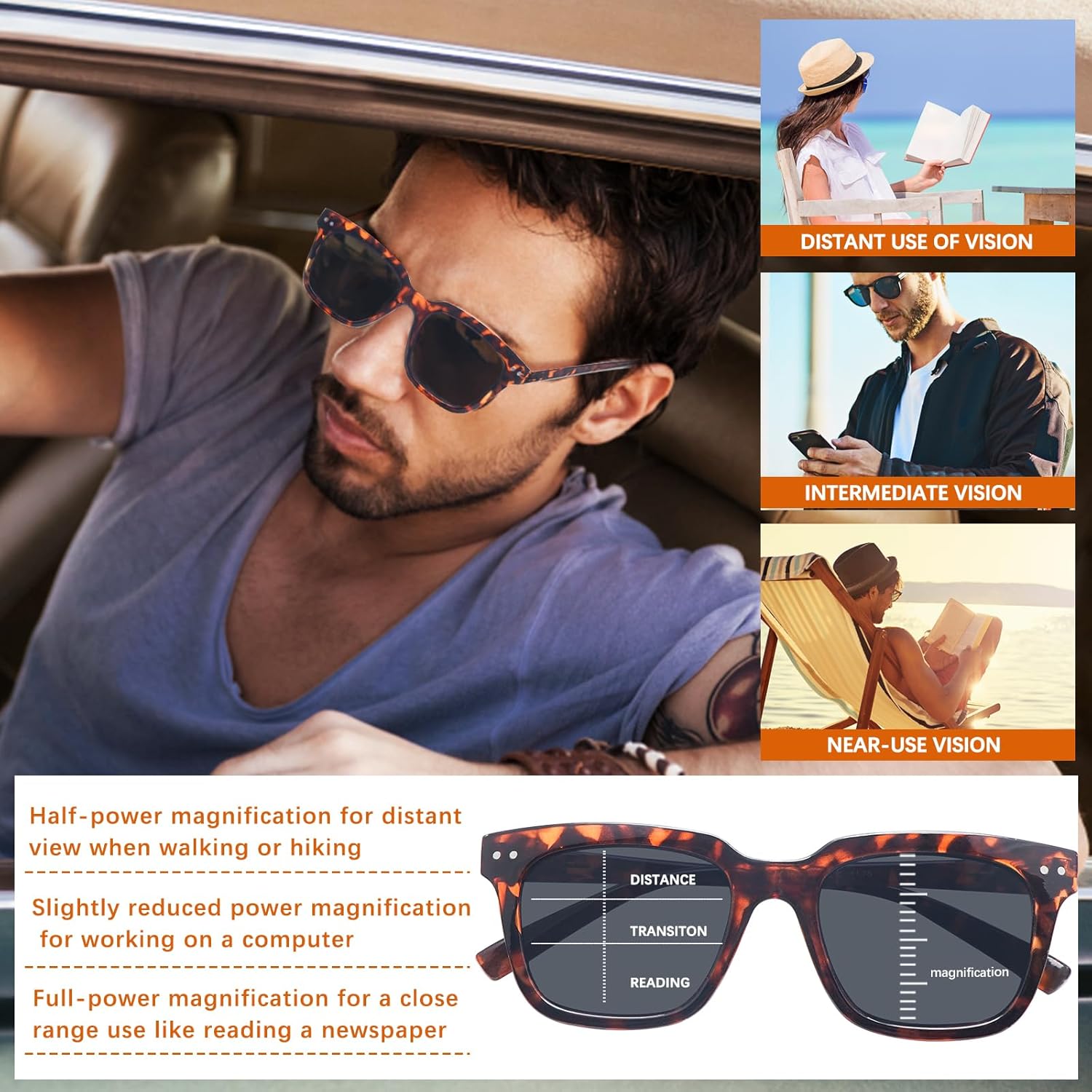 3 Pack Fashion Progressive Multifocus Sunglasses for Women Men Uv Protection Sun Reader with Lightweight Frames (Mix Color, 3.5, x) - Image 6