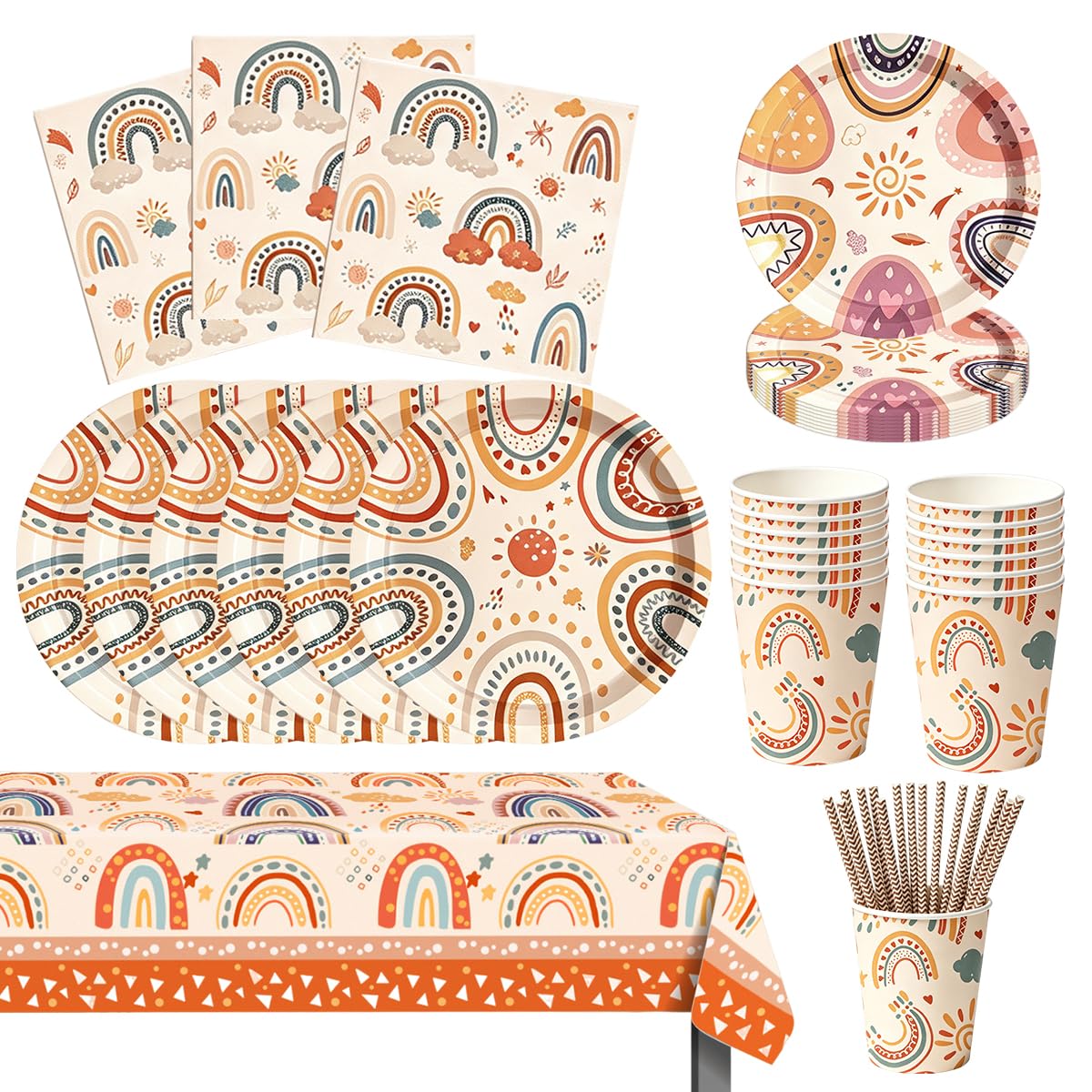 Boho tęczowy zestaw naczyń dla 8 gości, 70 sztuk stabilnych talerzy imprezowych, kubków, serwetek, słomek i obrusów, szybkie czyszczenie, na karnawał i uroczystości świąteczne