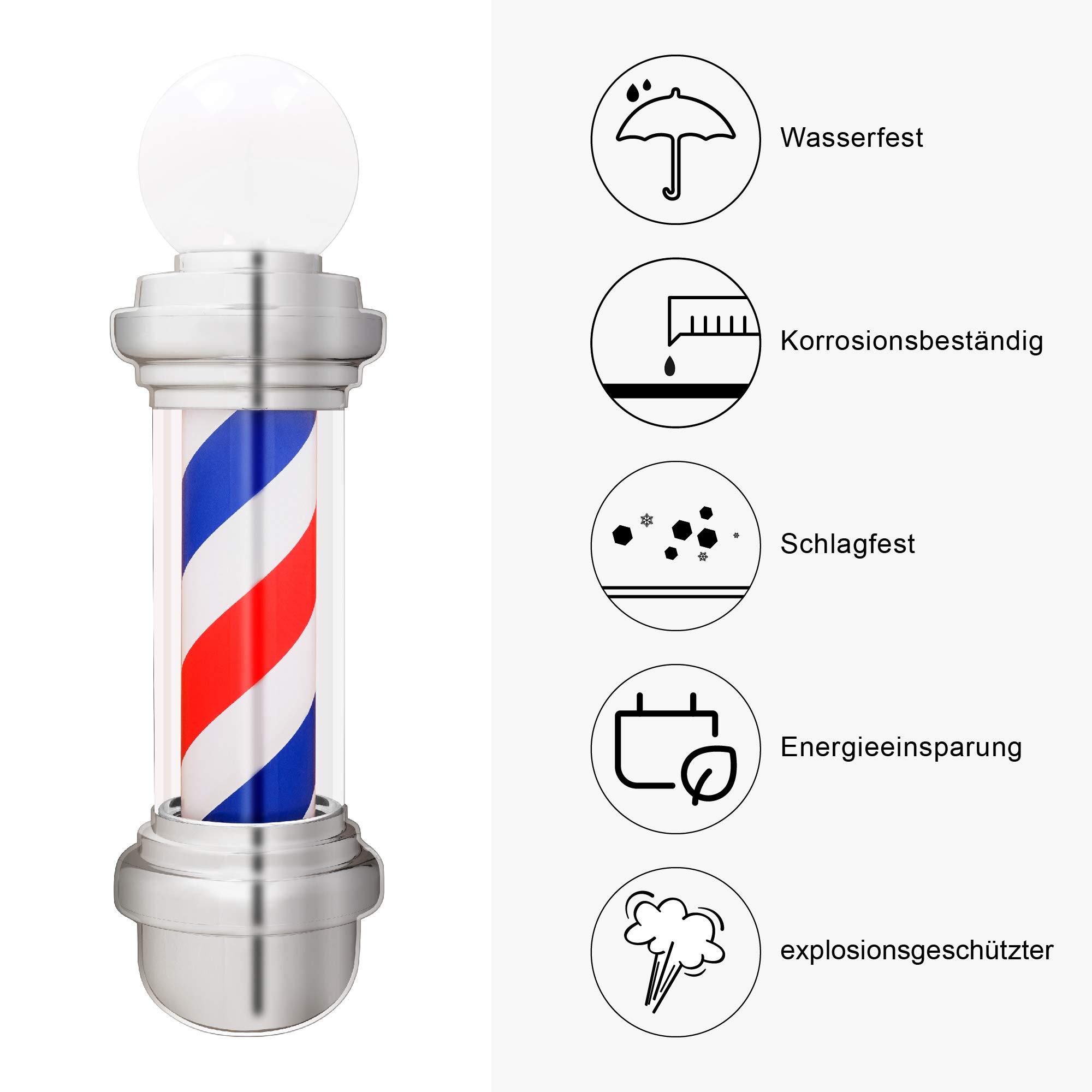 Barberpub Barber-Pole Barbierstab Friseurstange mit LED-Kugelleuchte Salon Einrichtung, Drehbar, klassisch rot-weiß-blaue Säule Barbershop-Säule, Energieklasse G
