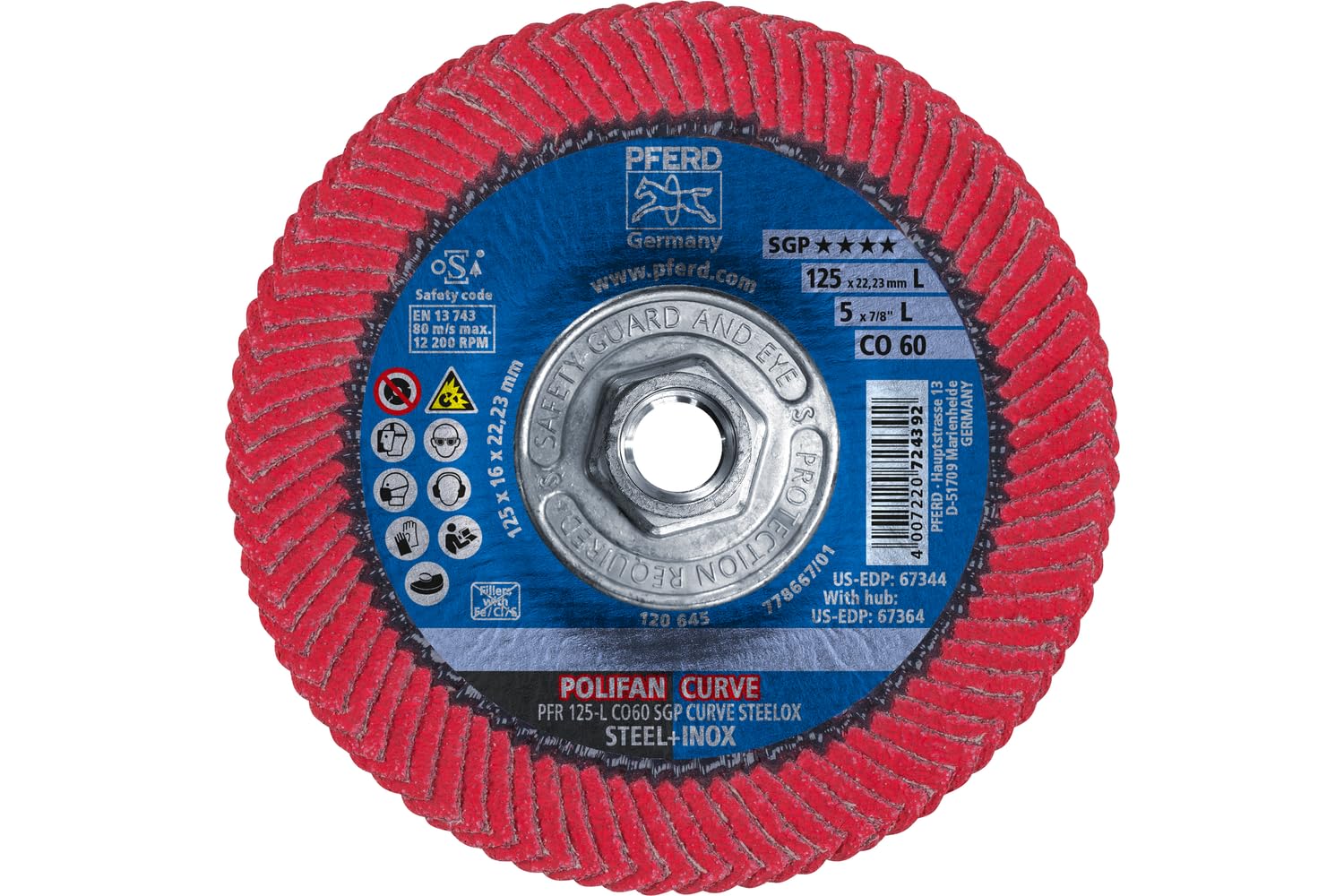 PFERD POLIFAN®-Curve Radial Type Flap Disc - 5" x 5/8-11" Thread, 60 Grit Ceramic Oxide, For Steel and Stainless Steel (INOX) Grinding - Pack of 1 - Part 67364