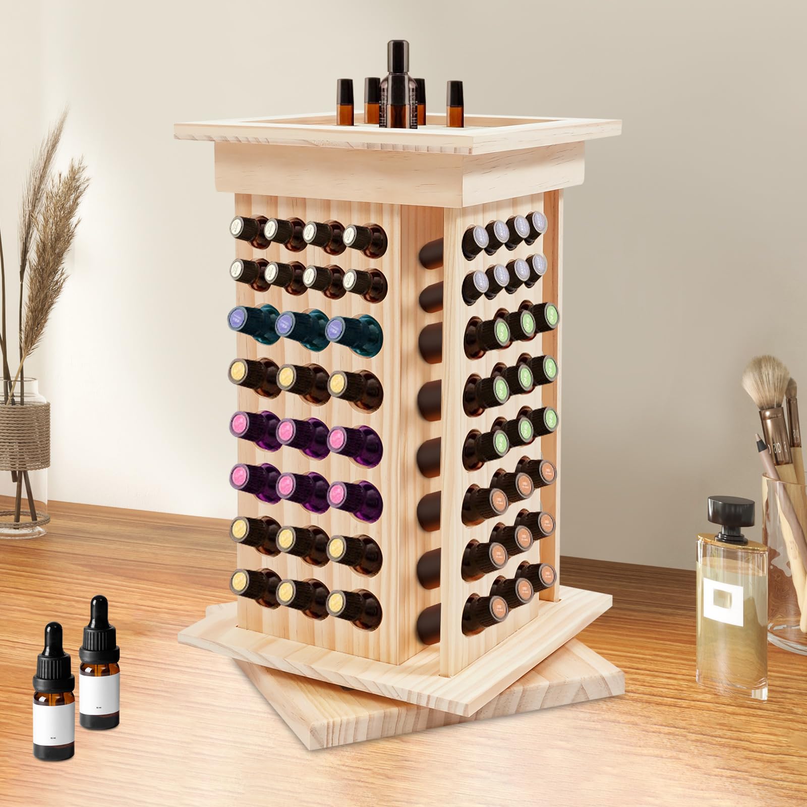 Organisateur rotatif en bois pour huiles essentielles, vernis à ongles, rouges à lèvres, cosmétiques, stain, papier d'essai de parfum avec 125 trous