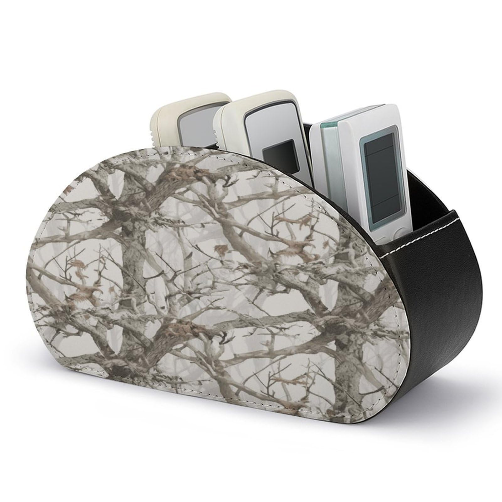 VstaDank White Tree Camo Remote Control Holder with 5 Compartments PU Leather Remote Caddy Desktop Organizer Store TV Remote Control Storage Box for Home Office Desk Nightstand