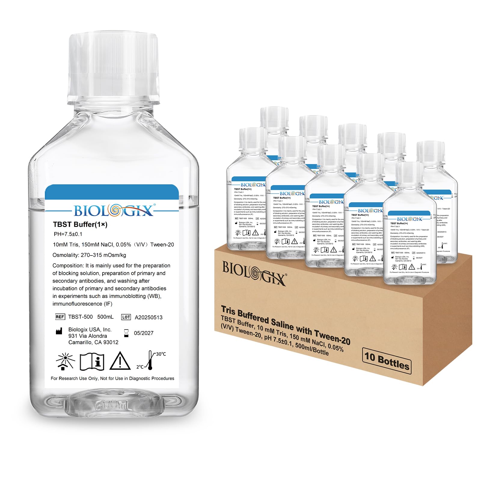 Solución tampón Tris de 500 ml con Tween 20, tampón TBST con Tween 20, 1 concentración, solución salina tamponada isotónica para laboratorio, 7,5 PH, lista para usar, 10 botellas/recipiente (10