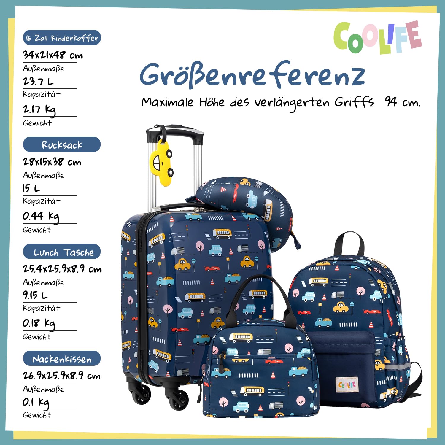 COOLIFE Zestaw bagażu dla dzieci, 5 sztuk, 16 cali, bagaż podręczny, twarda obudowa, Spinner, bagaż dziecięcy, bagaż podróżny, dla dziewcząt i chłopców, Samochód, Koffer-Set 5-tlg, Klasyczny