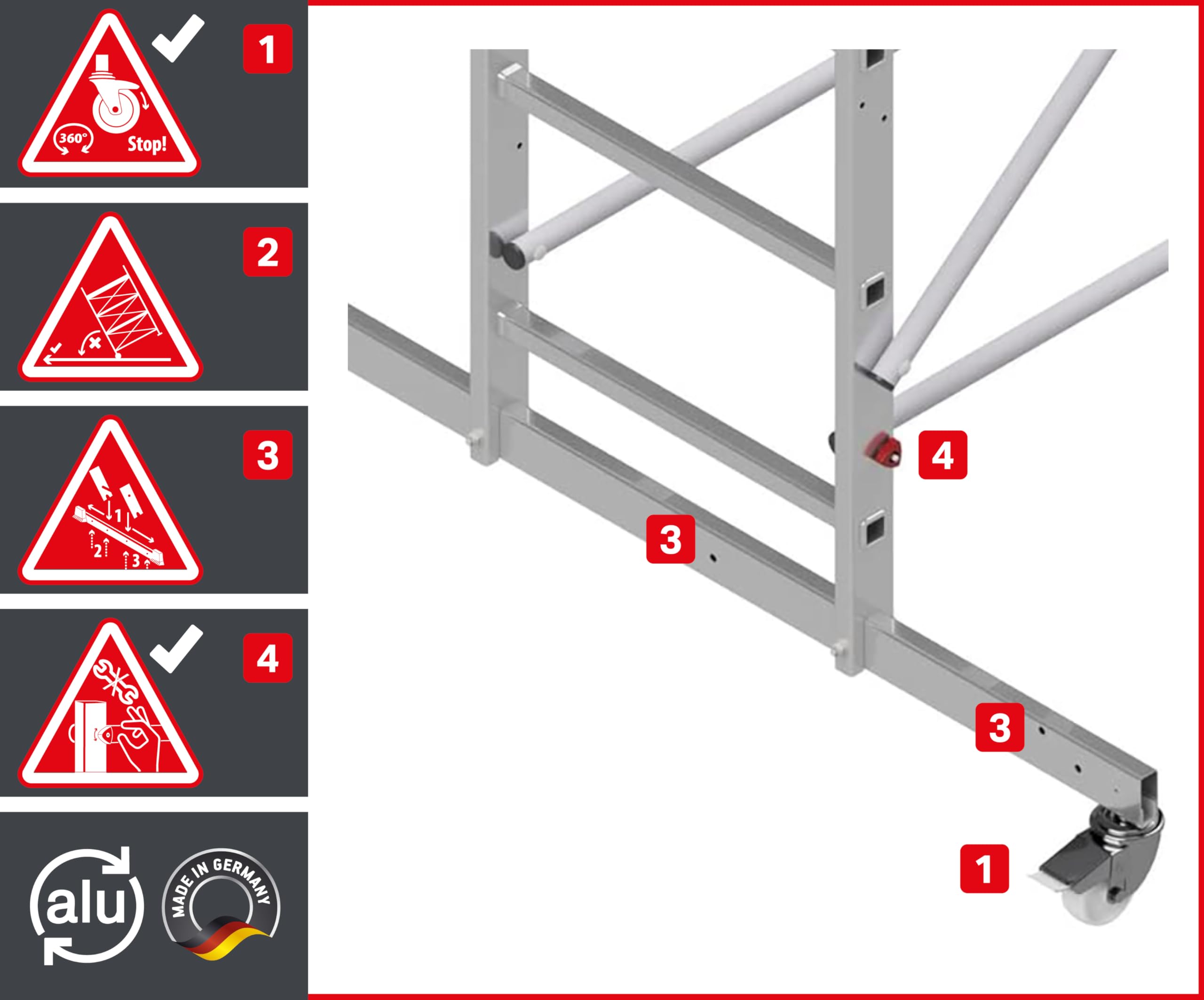 ALTEC AluCombine 3.0 - Échafaudage roulant en aluminium avec traverse, 4 roulettes pivotantes freinables et ancrage mural - Échafaudage de montage - Échelle simple (7 m)