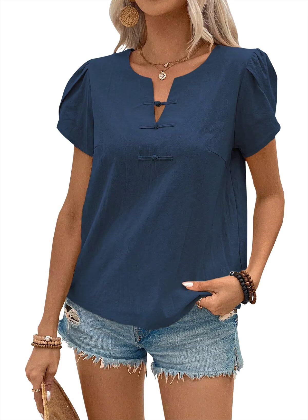 Falechay Women's Petal Short Sleeve V Neck Blouses 2025 Summer Tops Solid Dressy Casual Shirts