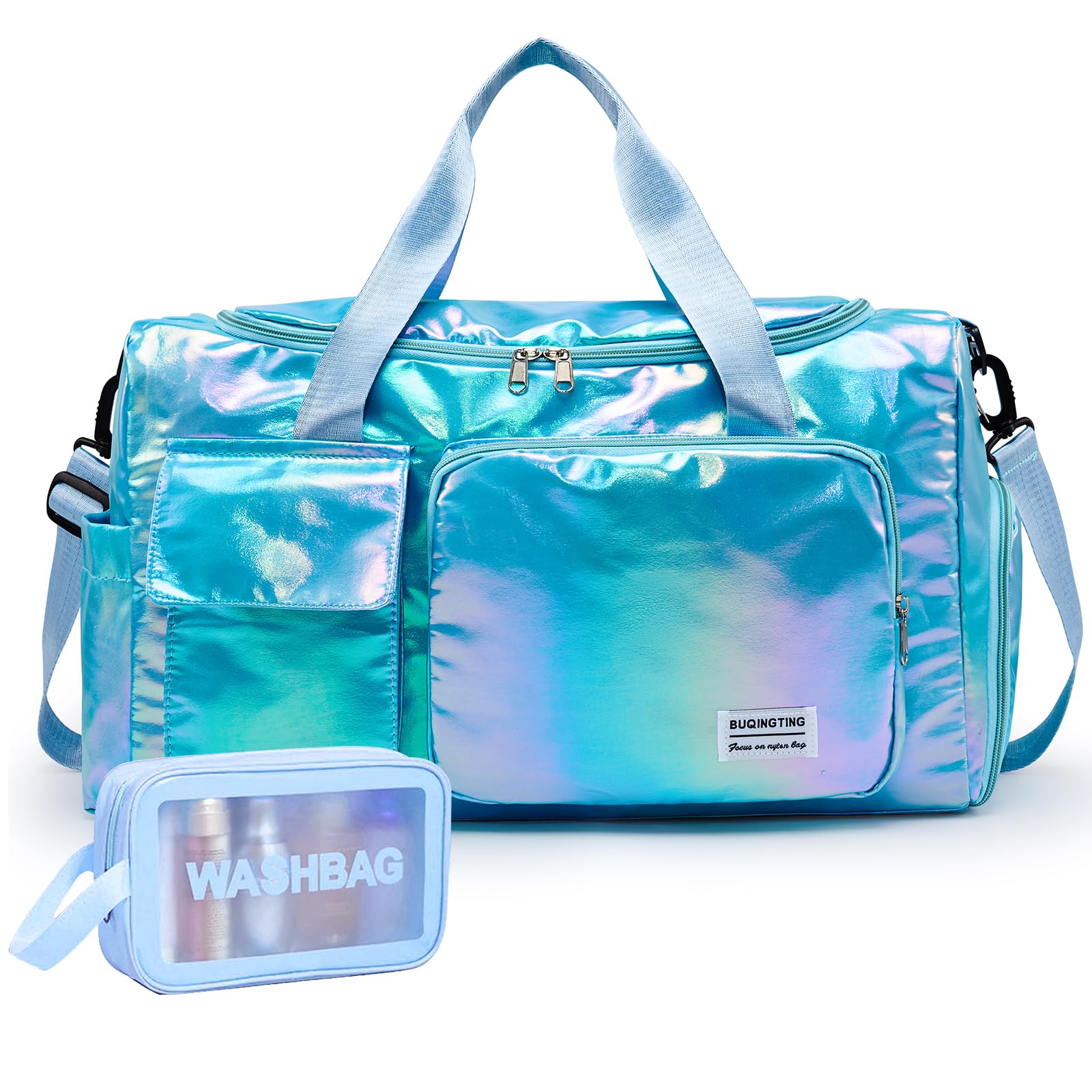Z6 Blue Shinny Gym & Toiletry Bag - Small Women's Travel Duffle with Shoe Compartment â image 1