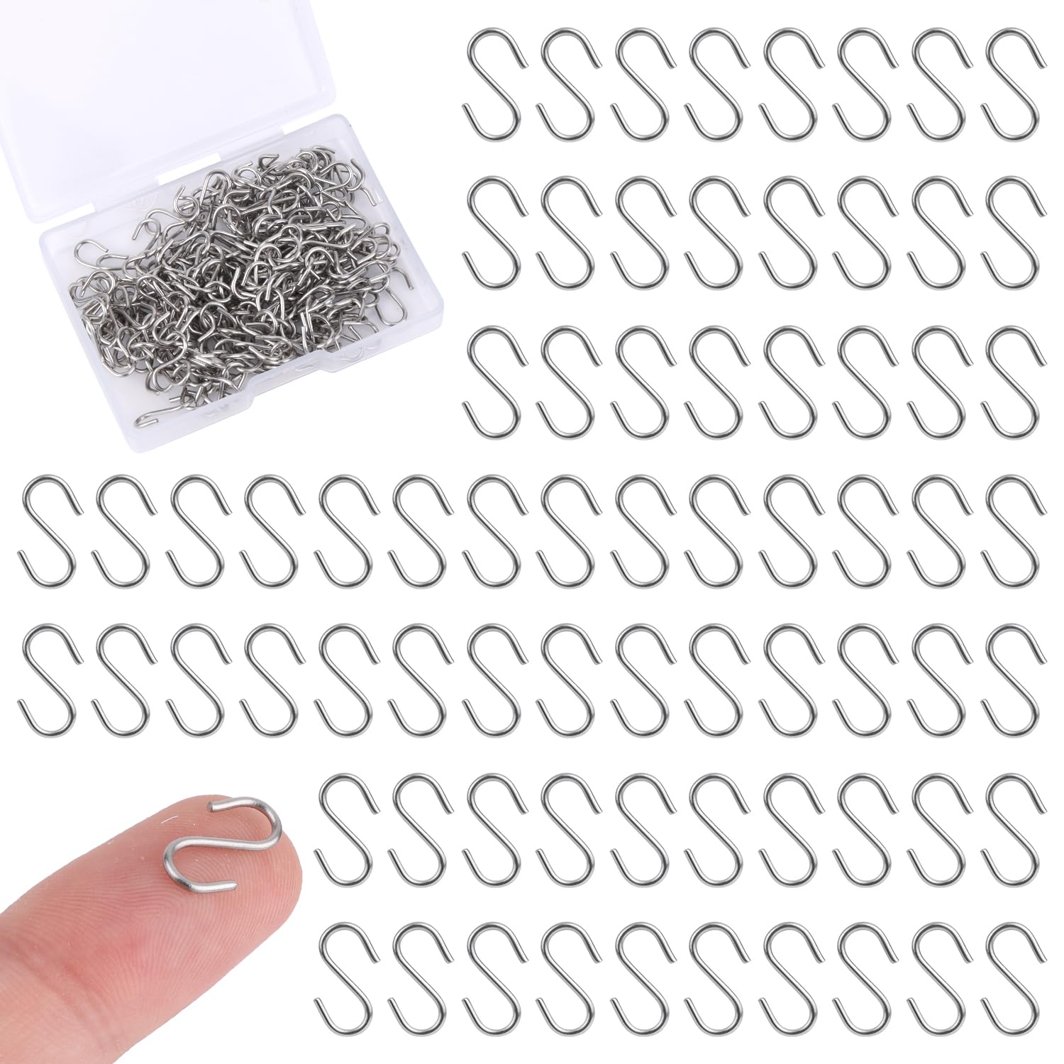 Gosknor 200pcs Mini S Hooks for Hanging, 1/2 Inch Stainless Steel Tiny Miniature Ornament Hooks Metal Blank Wire Small S-Shaped Hangers Connectors for Jewelry Making DIY Craft Keychain (Silver)