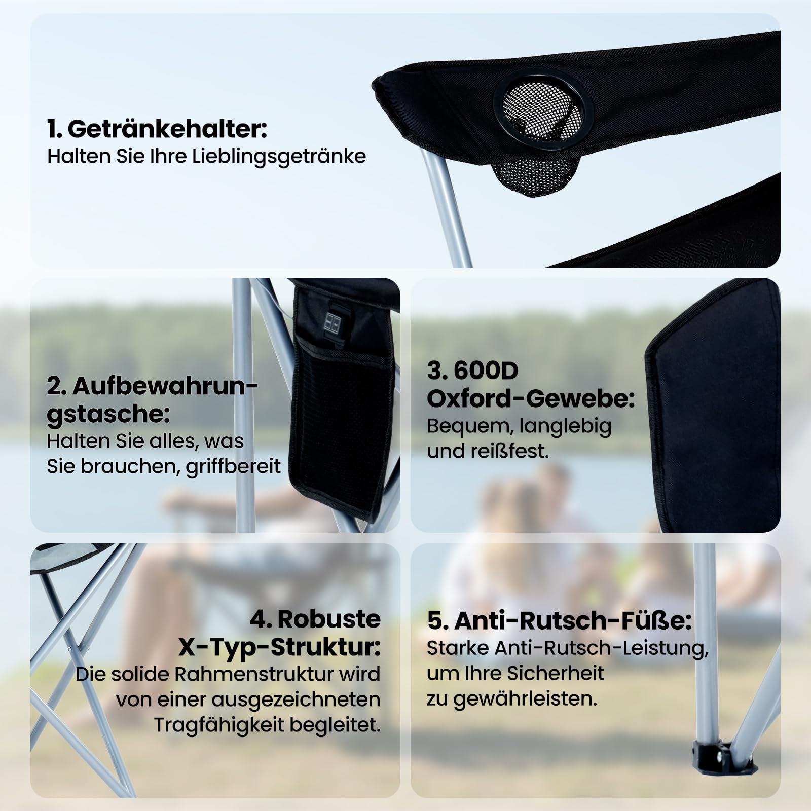Silla de camping plegable con calefacción – 182 kg – 3 niveles de ajuste de temperatura, bolsillo lateral y soporte para bebidas, respaldo ergonómico – ideal para ver deportes (batería no incluida en