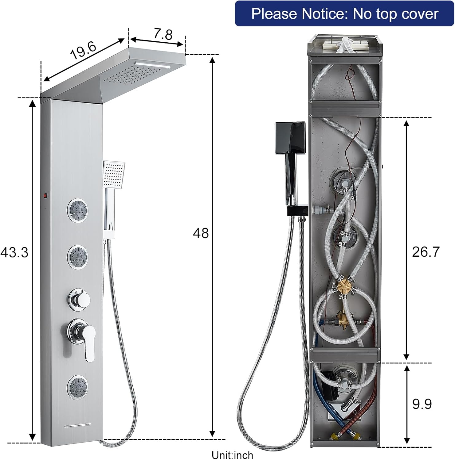 ROVATE LED Shower Panel Tower System with Rainfall Waterfall Shower, Shower Panel with Jets and Rainfall and Handheld, 5 in 1 Brushed Stainless Steel Shower Panel System High Pressure with Tub Spout