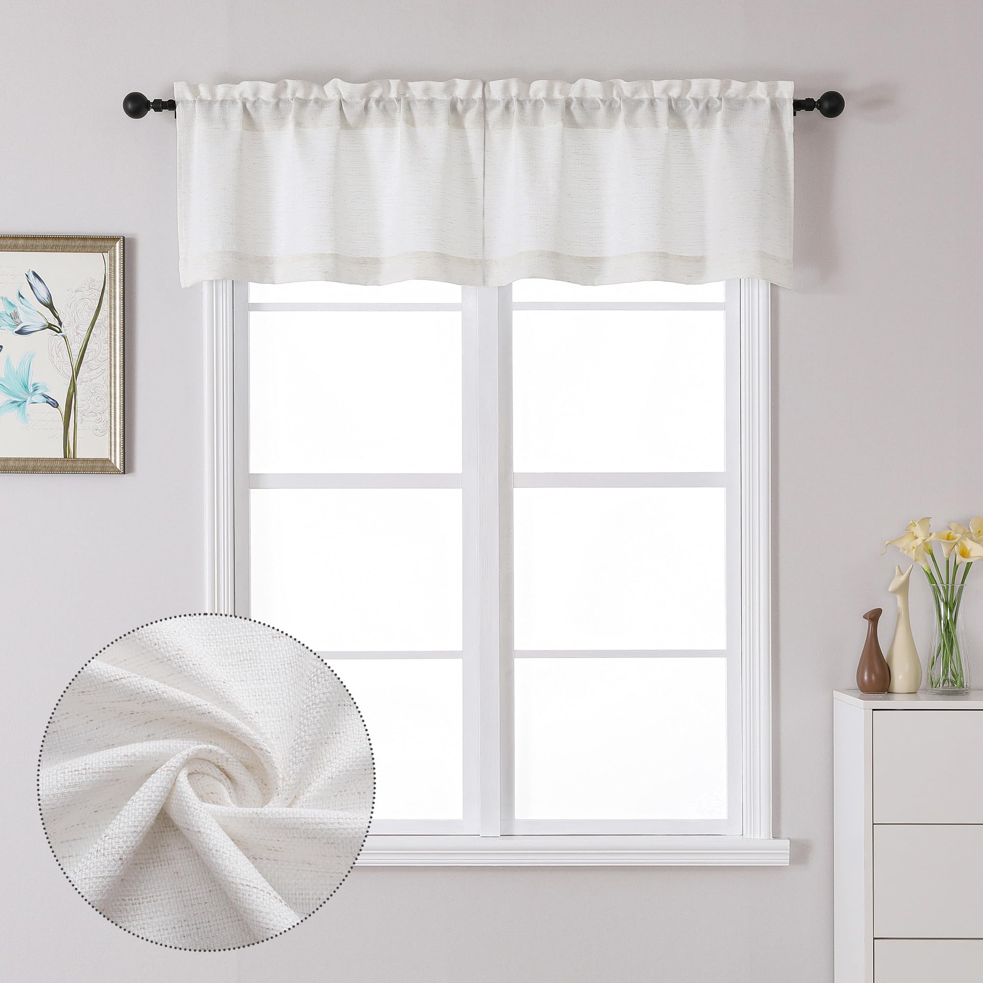 Lecloud Bessie Valance for Windows 14 Inch Length 2 Pcs, Light Filtering Faux Linen Cafe Kitchen Window Curtains with Rod Pocket, Curtains for Bedroom Bathroom, Each 30 W x 14 L, Natural โ image 1