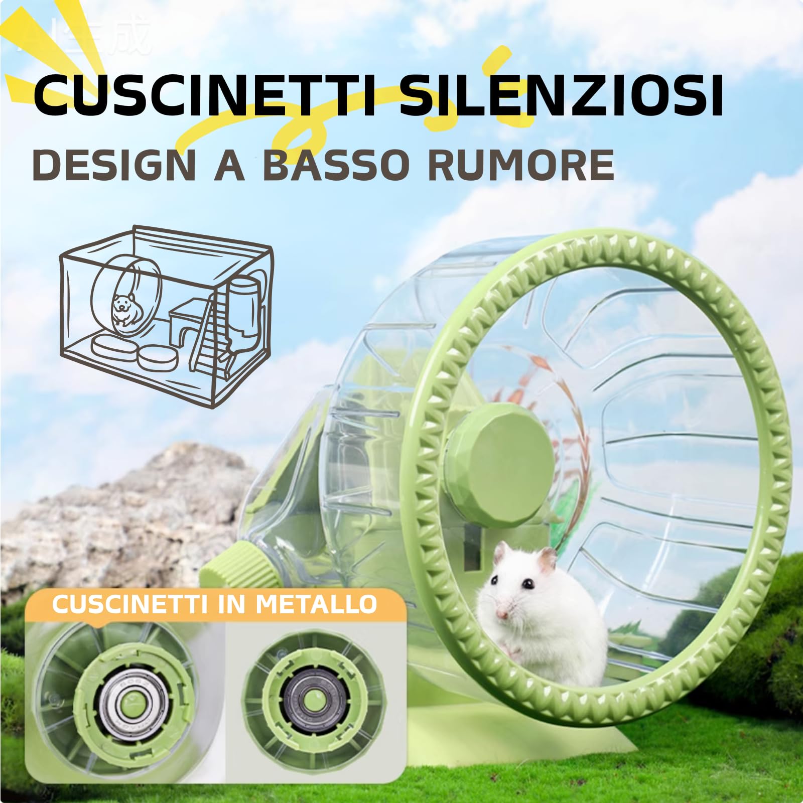 Ruota 4 in 1 per Criceto, Casa per Criceto con Ruota per Corsa, Ciotola per Cibo, Bottiglia d'Acqua e Nascondiglio, Giocattoli per Esercizio e Corsa per Piccoli Animali (Verde, 19.5cm)