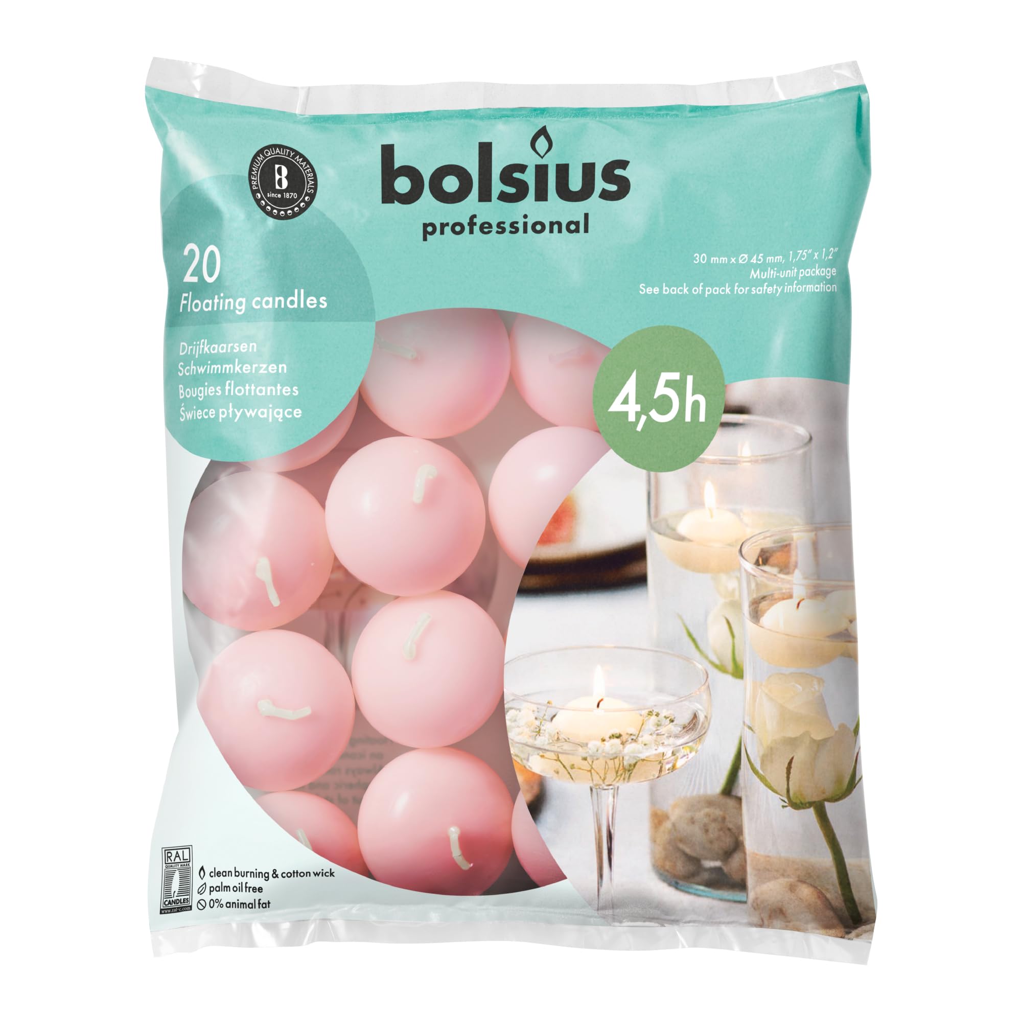 Bolsius Pink Floating Candles - Pack Of 20 - Diameter 45 Mm - Length Burning Time 4.5 Hours - Praffin Wax - Without Palm Oil - Decorative Household Candles