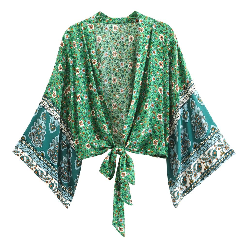 Kimono verde de rayón estilo wrap con estampado floral vintage 7