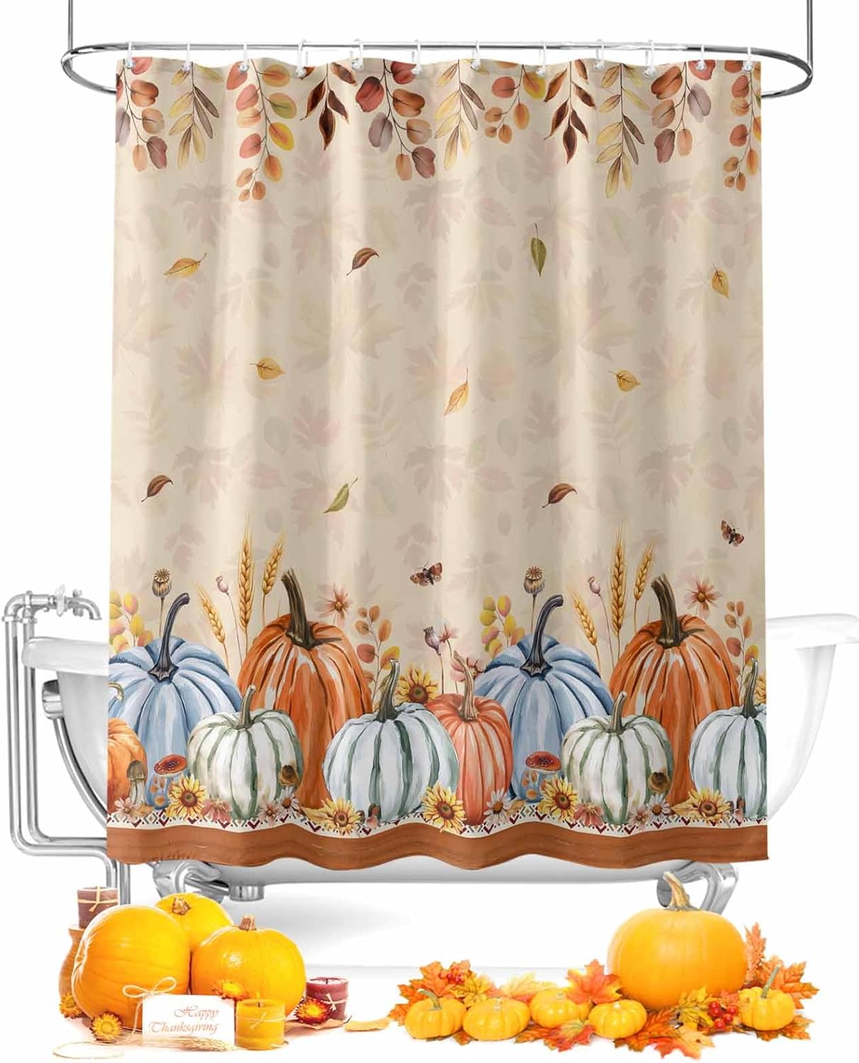 Thanksgiving Shower Curtain,Pastoral Pumpkin Fall Leaves Waterproof Shower Curtain Set with Hooks for Bathroom Showers,Stalls and Bathtubs,72x78In Orange Sunflower
