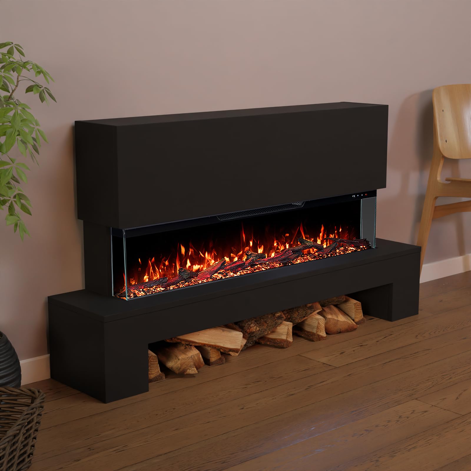 GLOW FIRE Kominek elektryczny z drewna kobaltowego z realistycznym ogniem LED 3D – stojący kominek elektryczny z ogrzewaniem i ogniem, sterowanie za pomocą aplikacji, efekt trzaskania i timer, maks