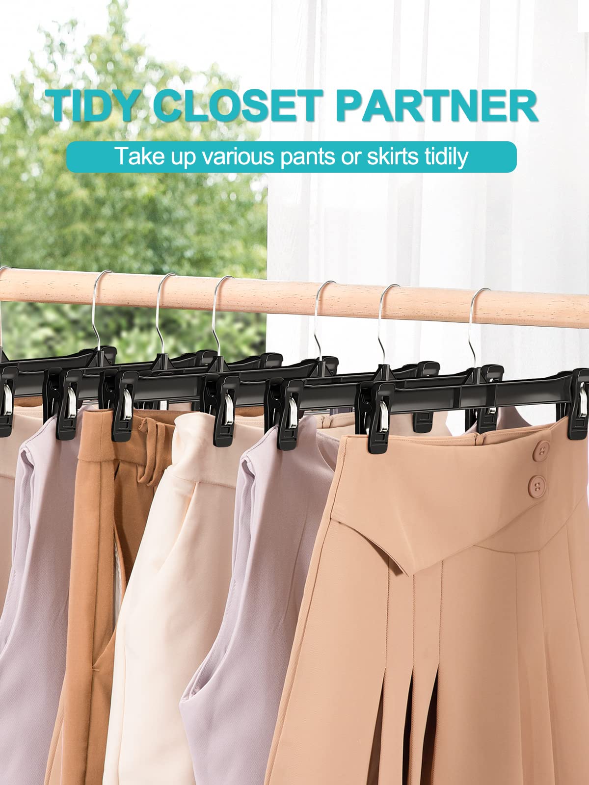 Titan Mall Pant Hangers - 30 Pack, 14inch Plastic Skirt Hanger with Non-Slip Bigger Clips and 360 Rotatable Hook, Elegant Skirt Hangers with Clips, Sturdy for Hanging Jeans, Hangers for Shorts (Black)