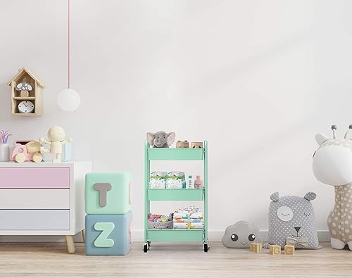 Miniatura 6 de CAXXA Organizador de almacenamiento de metal con ruedas de 3 niveles, carrito de utilidad móvil, carrito de cocina con ruedas giratorias (verde