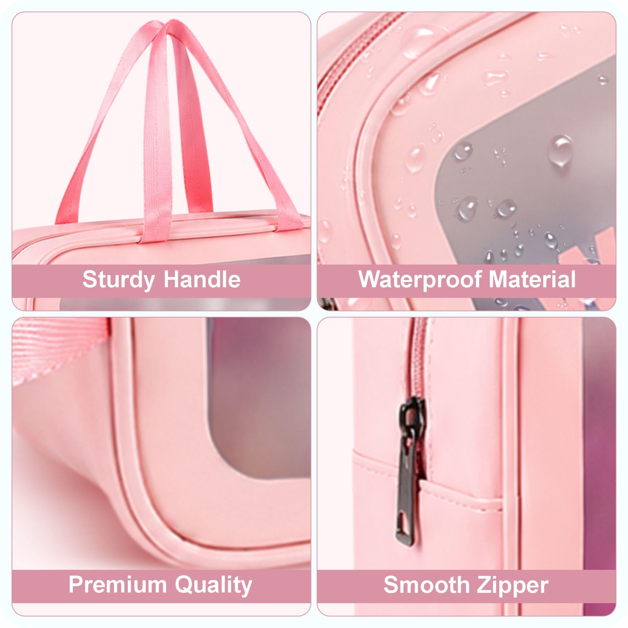 FLYNGO Set di trousse trasparenti per trucchi, organizer per cosmetici per donne e ragazze, kit da viaggio impermeabile per articoli da toeletta, Set di 3 LIght Rosa, Accessori da viaggio