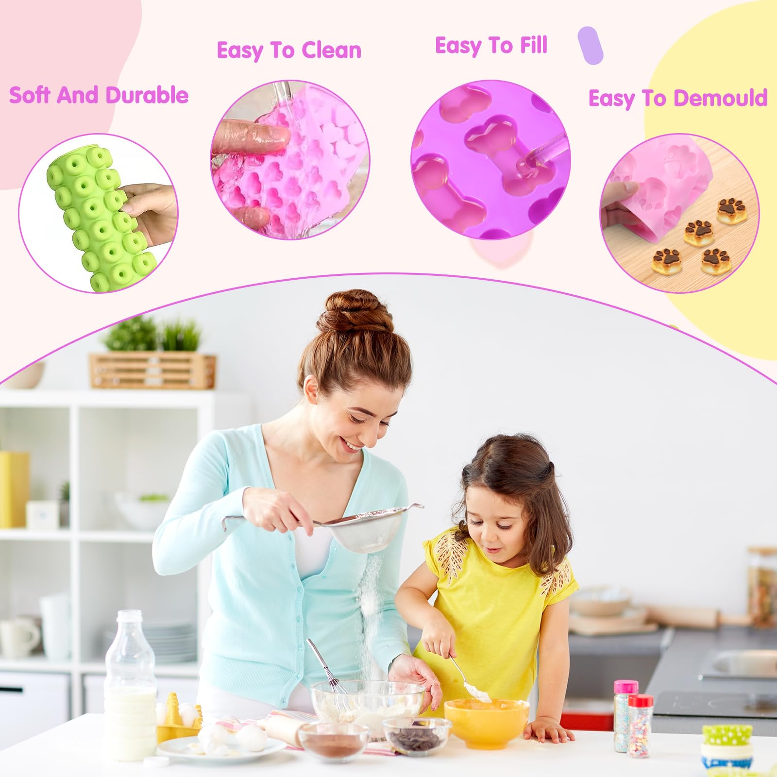 Tapis de Cuisson en Silicone Antiadhésif pour Friandises Maison Chien, Moule à Pepites Chocolat, avec Racloir et Pinceau Pâtisserie