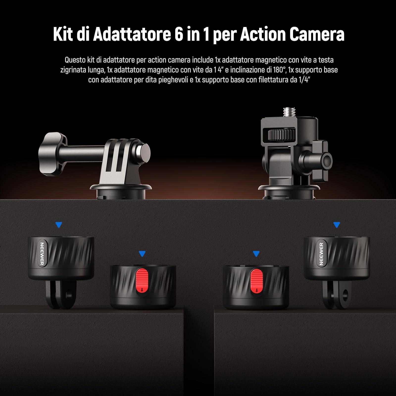 NEEWER GP-24 Kit Accessori di Supporto Action Camera per Riprese POV, Attacco Magnetico a Sgancio Rapido 4in1 in ABS con Filettatura 1/4" e Panno Pulizia Compatibile con GoPro DJI Osmo Action Insta360