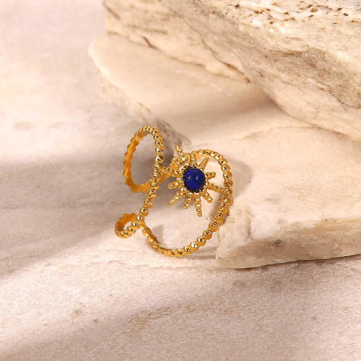 Bohemian Blue Enamel Ring for Women 18K Stainless Steel Knuckle Ring Hollow Sun Stacking Ring Vintage Open Finger Ring Adjustable Ring Jewelry for Girls Gifts - Image 6