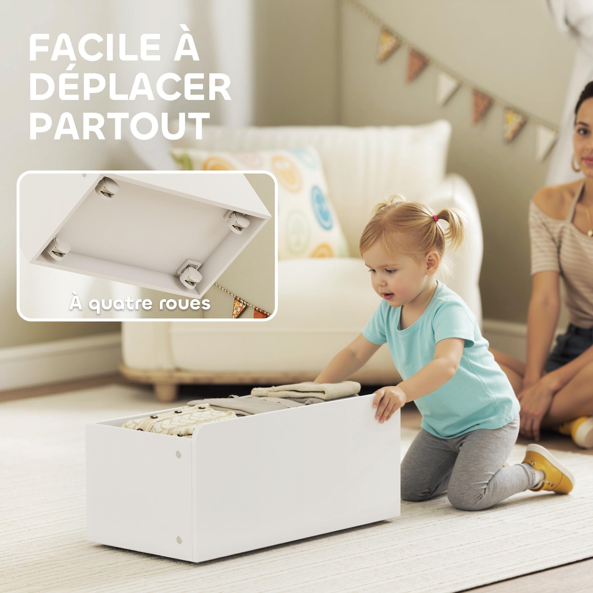 AIYAPLAY Meuble Rangement Enfant, Rangement Jouet Enfant, 6 bacs Amovibles et Grand Coffre à roulettes, bibliothèque à 3 Niveaux pour Chambre ou Salle de Jeux, Blanc