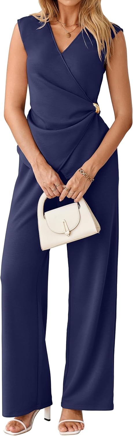 Glamaker Women's 2 Piece Outfits Summer V Neck Sleeveless Wrap Ruched Top and Wide Leg Pants Business Casual Sets 2026