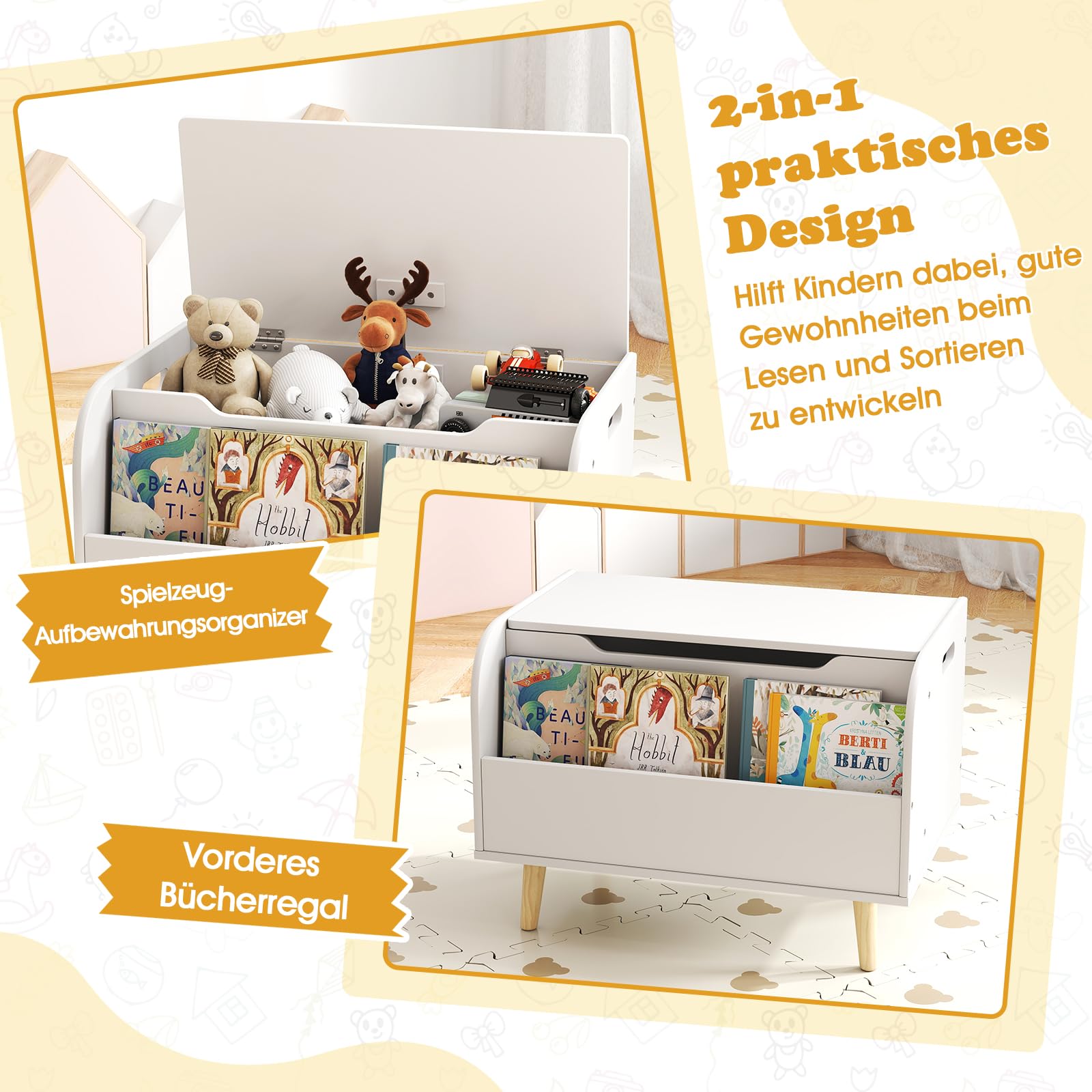 COSTWAY Spielzeugtruhe mit Deckel, 2 in 1 Spielzeugkiste aus Holz mit Bücherregal, Sitztruhe mit Stauraum, Spielzeug Aufbewahrung montessori für Kinderzimmer, Spielzimmer, 60 x 40 x 43 cm (Weiß)
