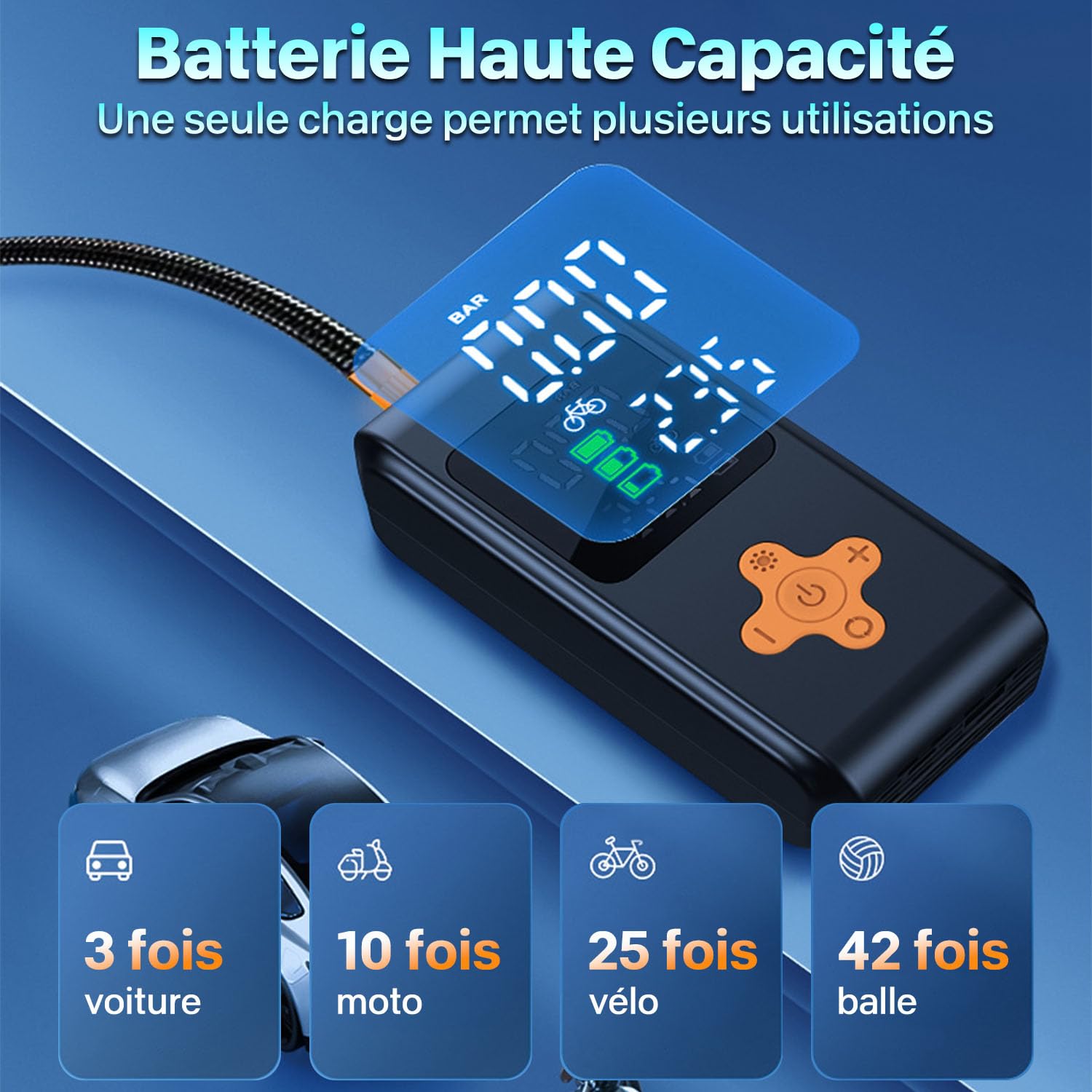 Gonfleur Pneus Voiture, Compresseur à Air Portatif 12 V CC, Compresseur Voiture De 150 psi et Lumière LED Numérique, Gonfleur Pneu Voiture a Electrique Rechargeable USB-C, pour Voiture, Vélo, Moto
