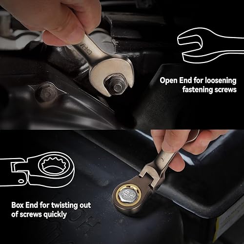 Miniatura 5 de DISEN Juego de 9 llaves de trinquete de cabeza flexible de 90 dientes, métricas 0.315-0.669 in, CRV, juego de llaves de trinquete combinadas de