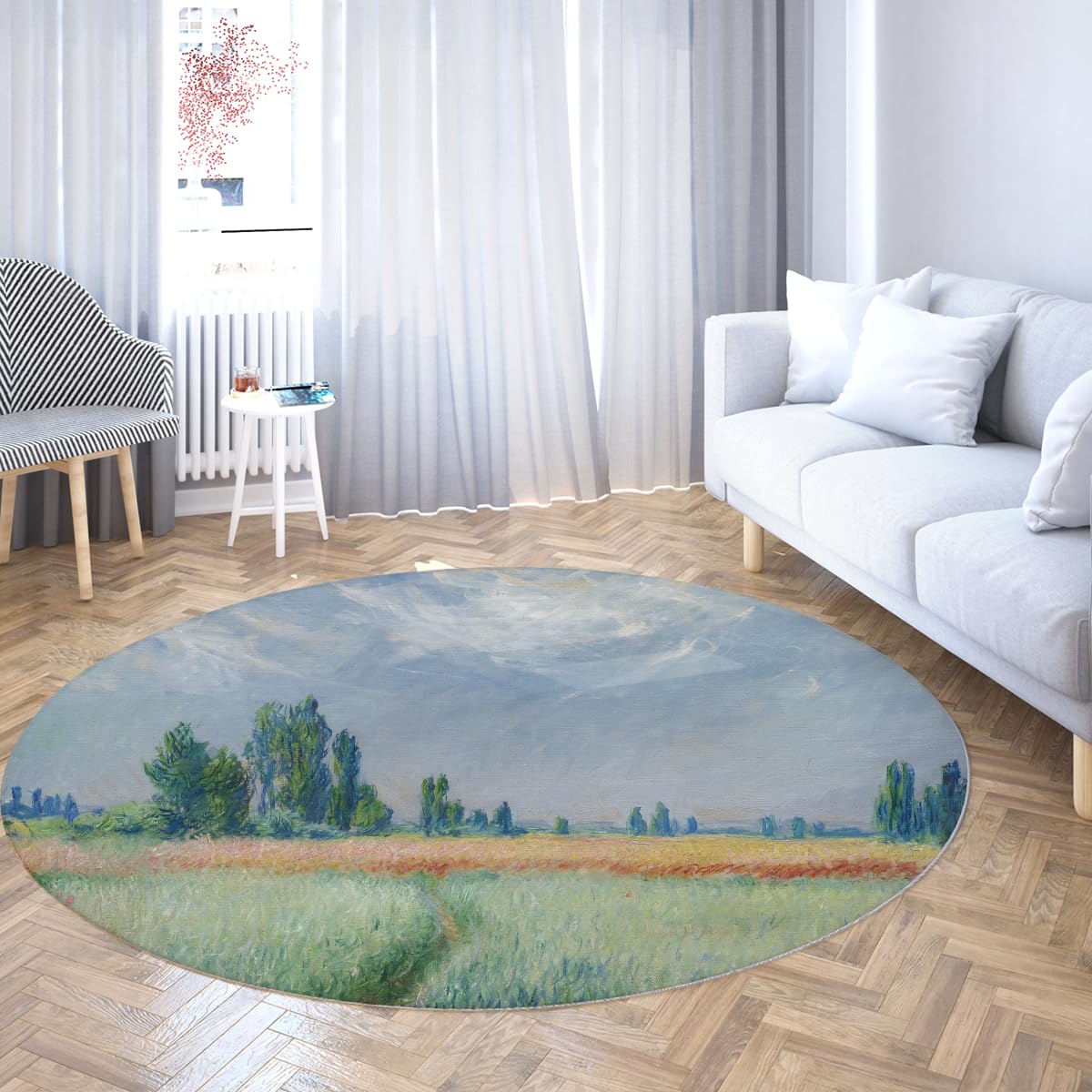 Grüner Weizenfeld-Rundteppich 80cm Weiche Rundteppiche | Ultradünner rutschfester ländlicher rustikaler großkreisiger Teppich für Schlafzimmer, Wohnzimmer, Küche, Kinderzimmer