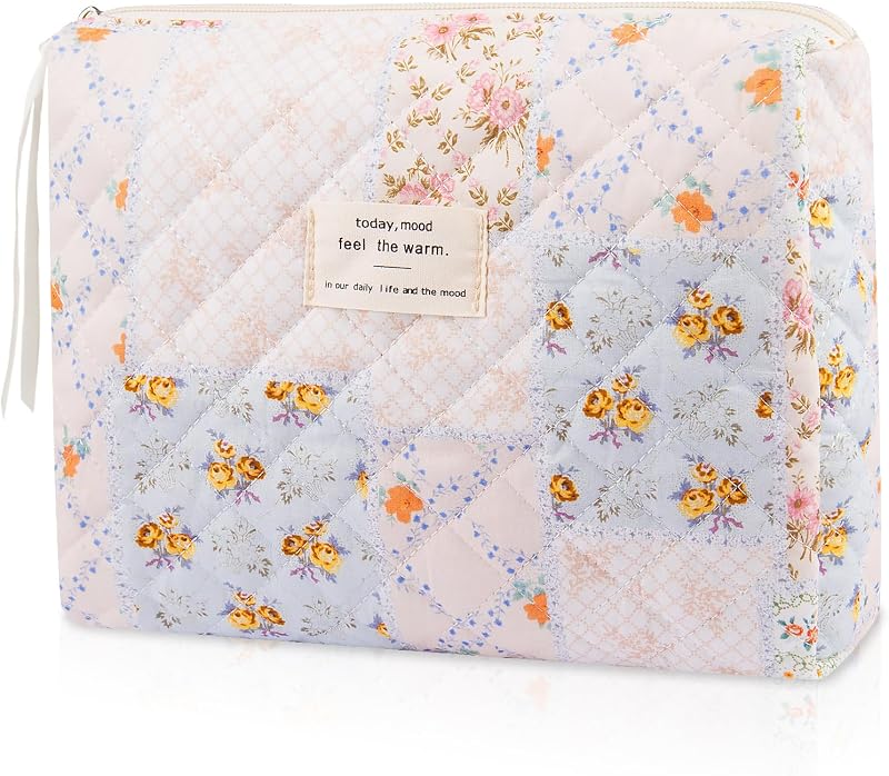 Gosect Necessaire de Maquiagem Floral em Algodão Matelassado Folk Style, Pequena, com Zíper, 1 unidade