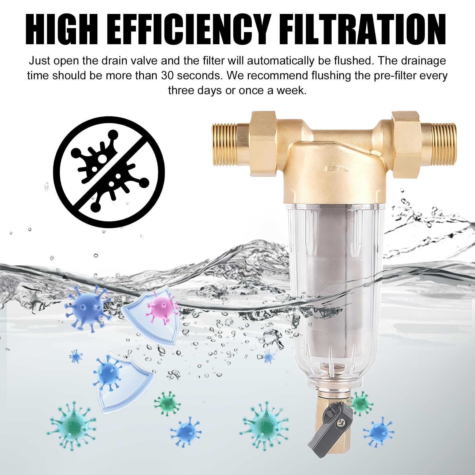 Filtr do wody wielokrotnego użytku, filtr do płukania zwrotnego 1", filtr do wody, filtr dokładny, z adapterem 1/2", filtr wstępny do wody, filtr osadowy, spin-down do wody ze studni