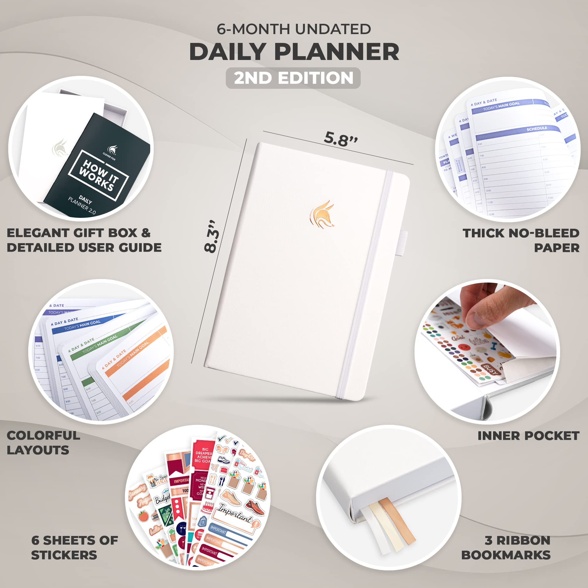 Clever Fox Daily Planner 2nd Edition - Undated Time Block Task Organizer with Hourly Schedule & To-do list - A5, 6 Months (White) - Image 2