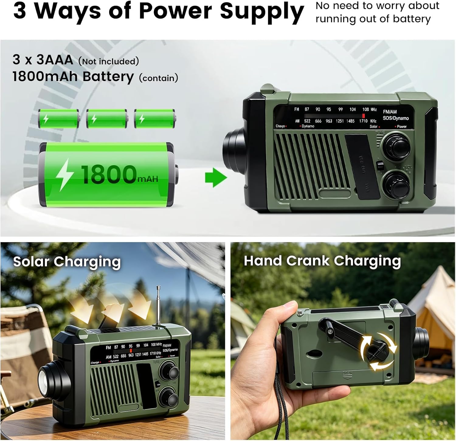 Portable Emergency Hand Crank Weather Radio,NOAA AM FM Portable Radio, Solar/Battery Operated,Flashlight for Outdoor Indoor