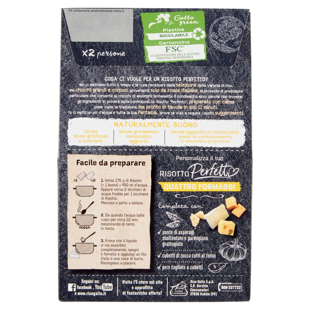 Gallo Risotto Perfetto Quattro Formaggi, preparato per risotto ai quattro formaggi, riso 100% italiano,6x175g + Portachiavi Beni Culinari in Omaggio